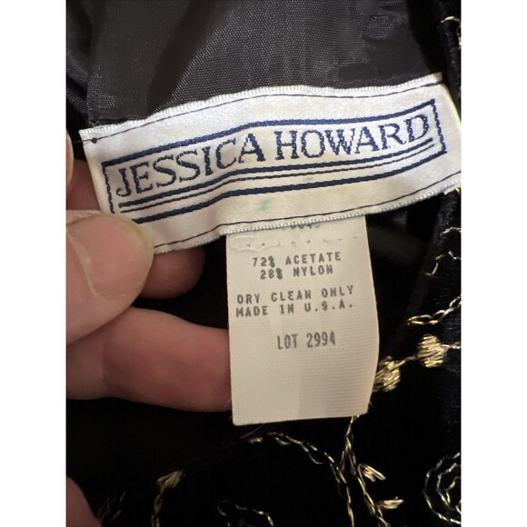 VTG Jessica Howard Velvet Maxi Dress Size 14 Black Gold Embroidered Front Slit - Picture 9 of 16